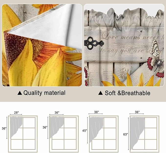 Red Yellow Sunflowers Swag Valances for Windows, Retro Rustic Barn Doors Butterfly Brown Rod Pocket Kitchen Curtains Valance, Kitchen Window Curtains Swag for Cafe Living Room, 2 Panels, 36x45 inch