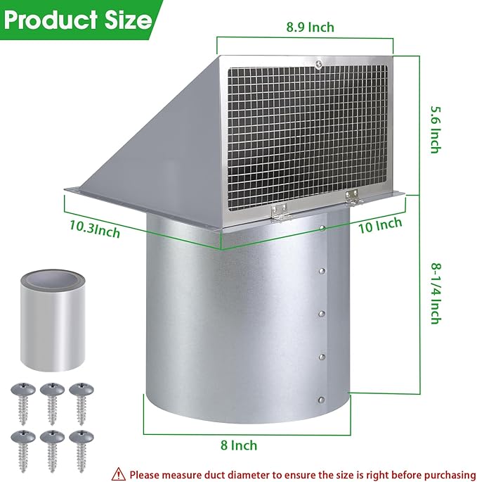 8 inch Hooded Wall Vent with Screen and Damper,Wall Vent Cover Exhaust Vent Outdoor Wall Cap Exterior Air Vent Cover for Kitchen Range Hood HVAC Duct Dryer Ventilation,Galvanized Steel,Gray