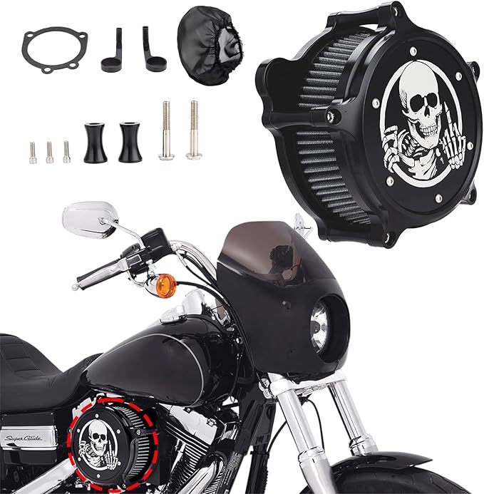 Motorcycle Air Filter Skull Style Air Cleaner with Filter Sock Dustproof Protective Cover Kit for Harley Touring 2000-07 Softail 2000-15 Dyna 2000-17, Excludes 2017 FXDLS (Black)