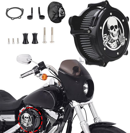 Motorcycle Air Filter Skull Style Air Cleaner with Filter Sock Dustproof Protective Cover Kit for Harley Touring 2000-07 Softail 2000-15 Dyna 2000-17, Excludes 2017 FXDLS (Black)