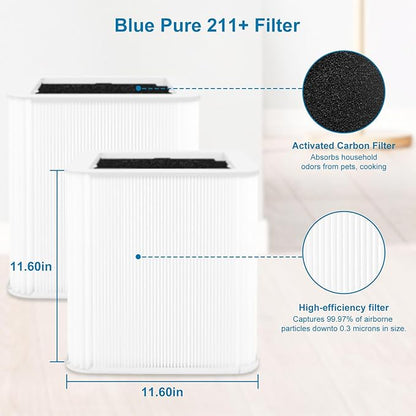 211+Replacement Filter Compatible with Blueair Blue Pure 211+ Air Puri-Fier, 2 in 1 Filtration of Particle Dust Pet Dander Filter&Smoke Odor Activated Carbon Filter for Home Bedroom, White, 2 Pack