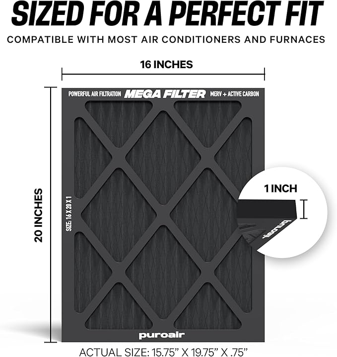 PuroAir MegaFilter - 16x20x1 Air Filter MERV 13 Activated CarbonTech Defense - Heavy Duty 3 Layer Furnace Filters Allergens, Pollen, Dust, Pet Dander, Smoke, Odors - HVAC Air Filter 16x20x1 (4-Pack)