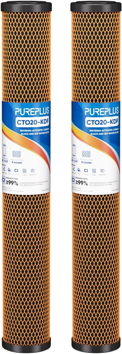 PUREPLUS 5 Micron 20" x 2.5" Whole House Coconut Shell Activated Carbon and KDF Water Filter, Heavy Metal Removal Replacement Water Filter, Compatible with C1-20, EP-20, HX-CB-25-2010, F3WCB32,2PACK