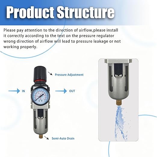 HengMinLingTong 3/8" NPT Compressed Air Filter Regulator Combo Piggyback, 5 Micron Brass Element, Poly Bowl, Semi-Auto Drain, Metal Bracket, 0-150 psi AW3000-03