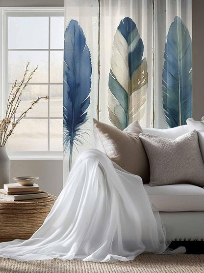 Sheer Curtains 72 Inches Long, Boho Blue Feathers Semi Sheer Curtains Light Filtering Window Treatment, Farmhouse Vintage Wooden Grain Privacy Voile Drapes for Living Room Bedroom 52x72 Inch