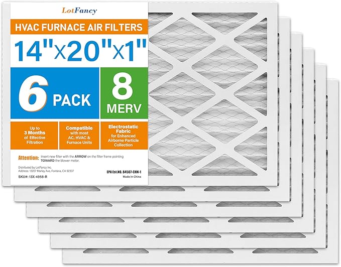 LotFancy 14x20x1 Air Filter MERV 8 6-Pack, Electrostatic Pleated Furnace & AC Filter, Captures Dust, Pet Hair, Pollen, Actual Size: 13.75"x19.75"x0.75"