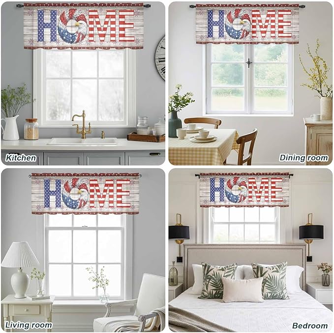 4th of July Sheer Valances for Windows 60"x18", Light Filtering Kitchen Curtains Valance, Stars Striped Farmhouse American Flag Wood Grain Rod Pocket Chiffon Curtains for Living Room Bedroom Cafe