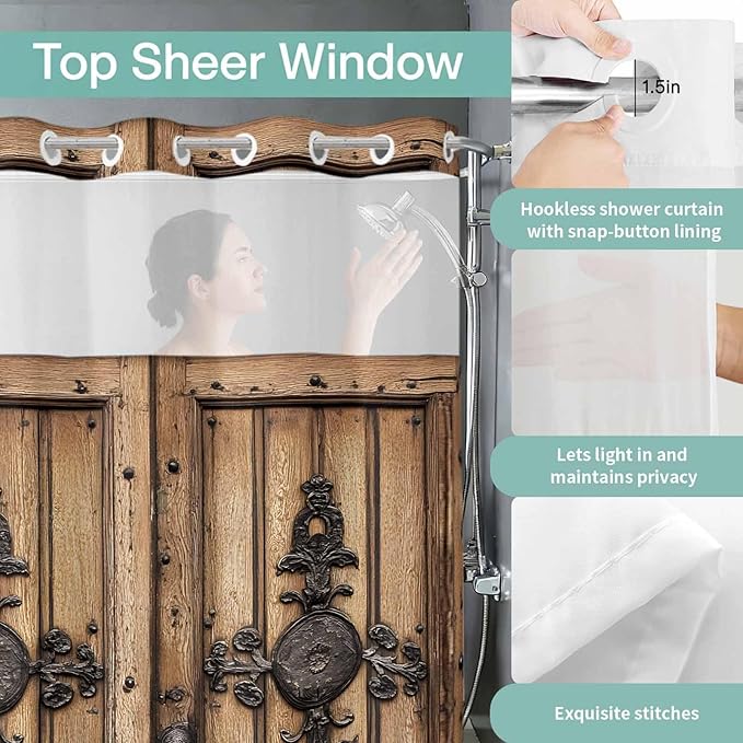 Wood Barn Door No Hook Shower Curtain with Snap in Liner Set, Waterproof Shower Curtains for Bathroom, Wooden Plank Fabric Shower Curtain, See Through Mesh Top Window, 66" W x 72" L