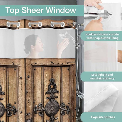 Wood Barn Door No Hook Shower Curtain with Snap in Liner Set, Waterproof Shower Curtains for Bathroom, Wooden Plank Fabric Shower Curtain, See Through Mesh Top Window, 66" W x 72" L