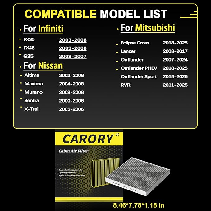Cabin Air Filter w/Activated Carbon for Nissan Altima 02-06, Maxima 04-08, Murano 03-08, Sentra 00-06, X-Trail 02-13, Pathfinder 03-08, Infiniti FX35/FX45/G35 03-08, and More