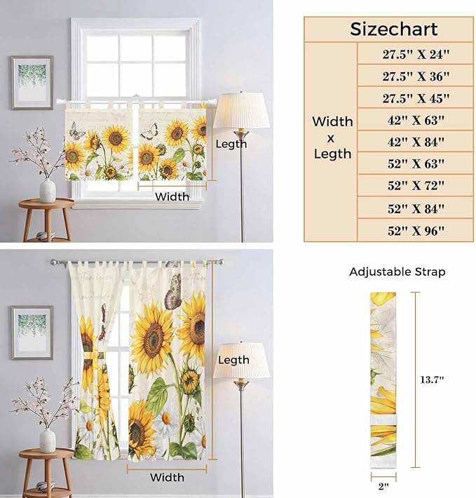 Farm Sunflowers Living Room Curtains 84 Inch Length, Window Curtains Tab Top, Retro Flowers Butterfly Botanical Beige Light Filtering Window Treatments Drapes 52"x84" 2 Panel