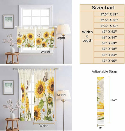 Farm Sunflowers Living Room Curtains 84 Inch Length, Window Curtains Tab Top, Retro Flowers Butterfly Botanical Beige Light Filtering Window Treatments Drapes 52"x84" 2 Panel