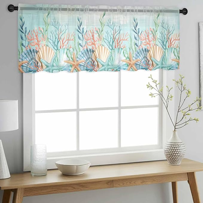Summer Beach Sheer Valance Curtains, Green Ocean Colorful Coral Shell Seaweed Starfish Light Filtering Kitchen Valances Rod Pocket Voile Curtain Treatment for Bedroom/Living Room/Basement 42Wx12L