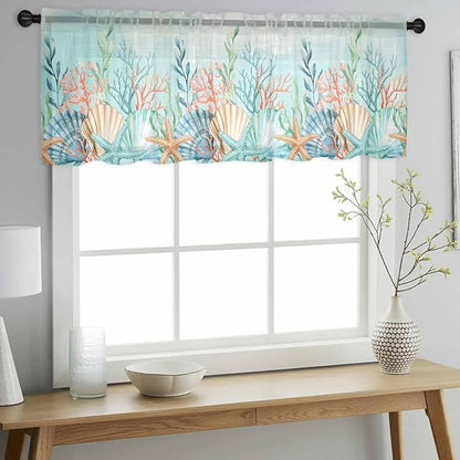 Summer Beach Sheer Valance Curtains, Green Ocean Colorful Coral Shell Seaweed Starfish Light Filtering Kitchen Valances Rod Pocket Voile Curtain Treatment for Bedroom/Living Room/Basement 42Wx12L