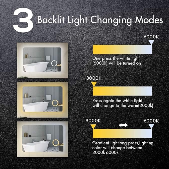 Illuminated LED Bathroom Mirror, Wall Mounted Backlit Makeup Vanity Mirror with Demister Pad and Touch Sensor 3X Magnifying Compatible with Makeup Hairdressing Shaving Bathroom Mirror,Mirrors