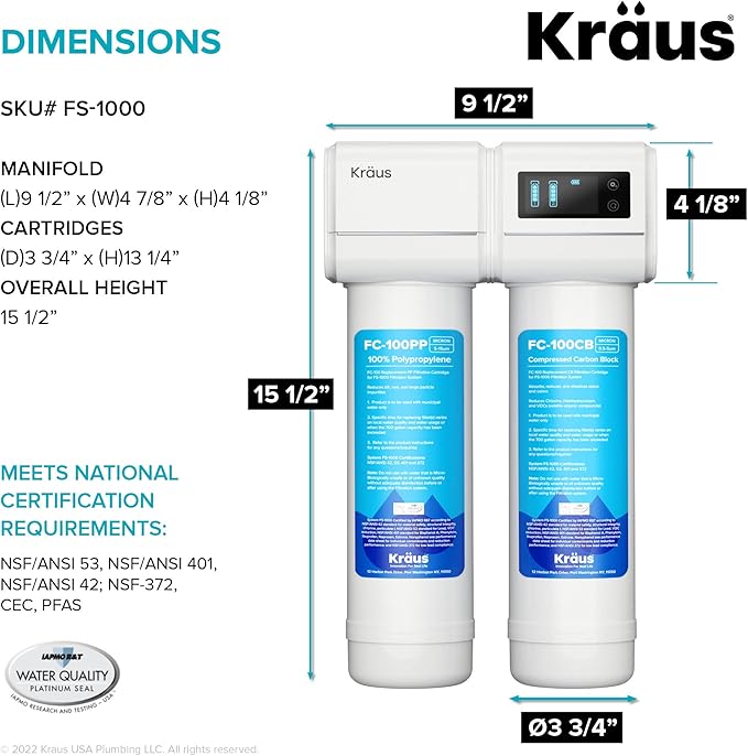 KRAUS Purita 2-Stage Carbon Block Under-Sink Water Filtration System with Digital Display Monitor, FS-1000, White