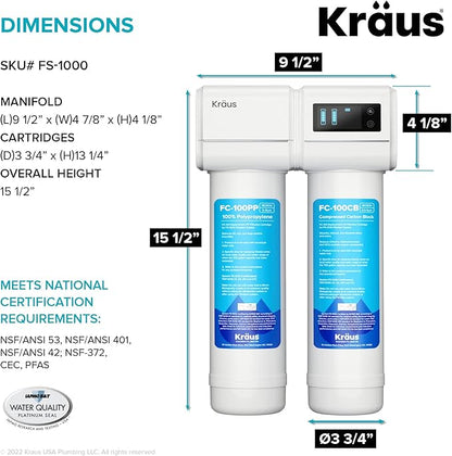 KRAUS Purita 2-Stage Carbon Block Under-Sink Water Filtration System with Digital Display Monitor, FS-1000, White