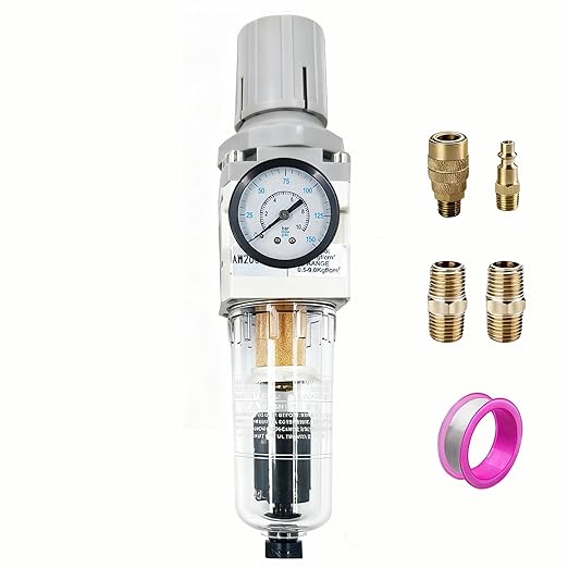 XingNEeng 1/4" NPT Compressed Air Filter Regulator Combo Piggyback, Water/Oil Trap Separator with Pressure Gauge(0-150 psi), Auto Drain, Poly Bowl, 5 Micron Brass Element, Metal Bracket