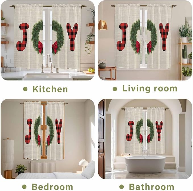 Red Green Christmas Window Curtains 63 Inch Long 2 Panel Set, Rod Pocket Bedroom Curtains & Drapes, Farmhouse Xmas Botanical Winter Light Filtering Window Treatment for Living Room 42"W x 63"L