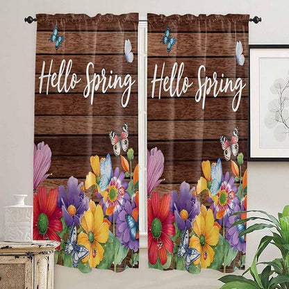 Spring Flowers Living Room Curtains 72 Inches length, Watercolor Farmhouse Colorful Wooden Grain Window Treatment Curtain Drapes, Light Filtering Drapes for Bedroom Laundry Room, 52"x72", 2 Panels