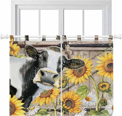 Retro Farmhouse Flower Kitchen Curtains 45 Inch Length, Short Cafe Window Curtains Tab Top, Yellow Sunflowers Cow Barn Doors Brown Light Filtering Window Treatments Tier Drapes 27.5"x45" 2 Panel