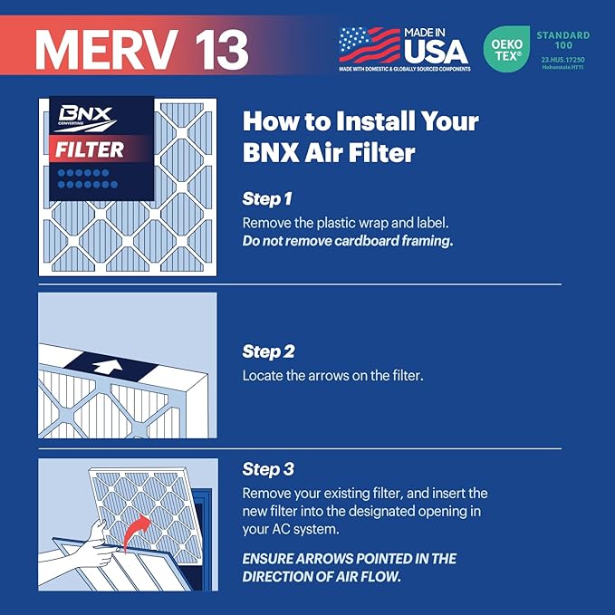 BNX TruFilter 18x24x1 Air Filter MERV 13 (6-Pack) - MADE IN USA - Electrostatic Pleated Air Conditioner HVAC AC Furnace Filters for Allergies, Pollen, Mold, Bacteria, Smoke, Allergen, MPR 1900 FPR 10