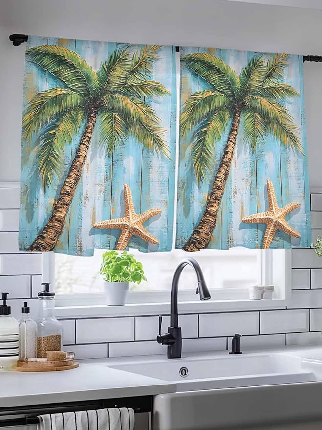 Sheer Curtains 54 Inch Length, Coastal Beach Tree Semi Sheer Curtains Light Filtering Window Treatment, Summer Tropical Starfish Wood Grain Privacy Voile Drapes for Living Room Bedroom 52x54 Inch