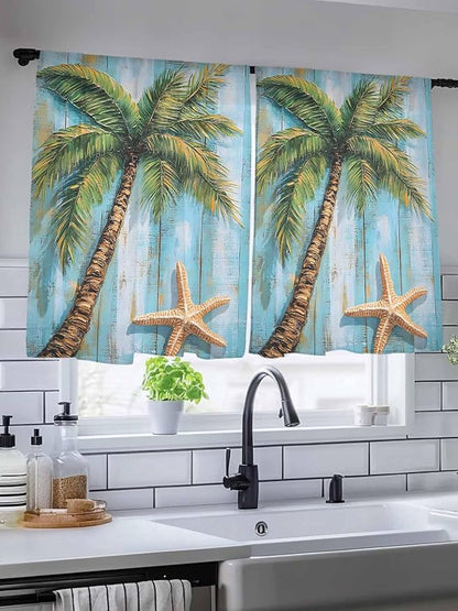 Sheer Curtains 54 Inch Length, Coastal Beach Tree Semi Sheer Curtains Light Filtering Window Treatment, Summer Tropical Starfish Wood Grain Privacy Voile Drapes for Living Room Bedroom 52x54 Inch