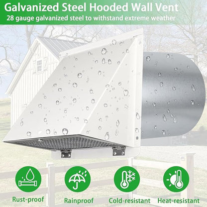 7 Inch Hooded Wall Vent with Mesh and Damper,7'' Exhaust Vent Cover Cap Outside,Wall Vent Hood Duct Cap Exterior for Kitchen Range Hood/Dryer/Laundry/Bathroom Exhaust Fan Vent,Galvanized Steel,White