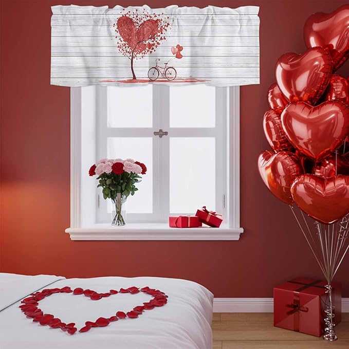 Valentine's Day Valance Curtains for Kitchen, Red Love Trees Bicycles Balloons Wood Grain Privacy Rod Pocket Valance Curtain, Light-Filtering Window Treatment for Bedroom Bathroom, 60"x18"