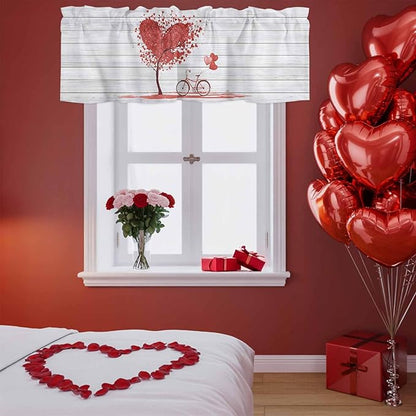 Valentine's Day Valance Curtains for Kitchen, Red Love Trees Bicycles Balloons Wood Grain Privacy Rod Pocket Valance Curtain, Light-Filtering Window Treatment for Bedroom Bathroom, 60"x14"