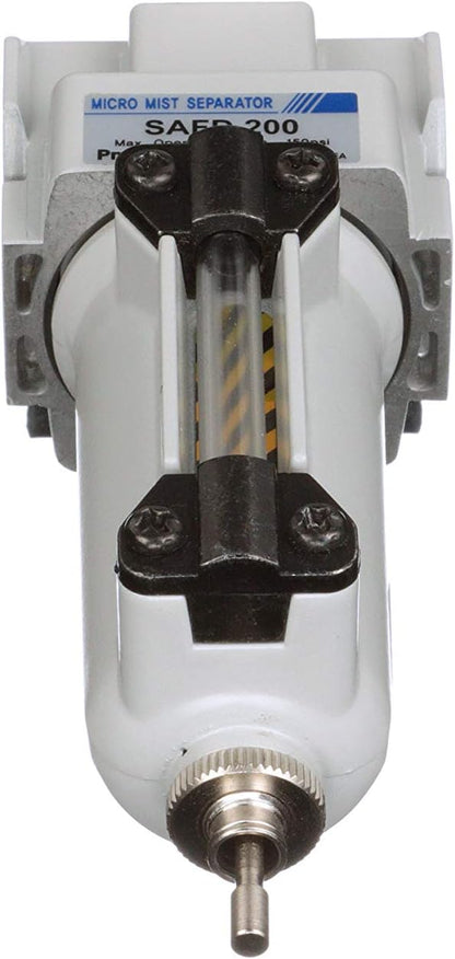 PneumaticPlus SAFD200-N02B-MEP Miniature Compressed Air Coalescing Filter, 0.01 Micron 1/4" NPT - Metal Bowl, Manual Drain, Bracket