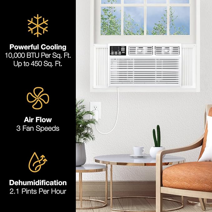 Whirlpool 10,000 BTU Window Air Conditioner with Dehumidifier, 115V, Window AC for Rooms up to 450 Sq. Ft., Living Room, Bedroom, or Kitchen, with Remote Control, Digital Display, and 24H-Timer, White