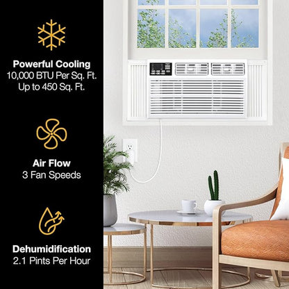 Whirlpool 10,000 BTU Window Air Conditioner with Dehumidifier, 115V, Window AC for Rooms up to 450 Sq. Ft., Living Room, Bedroom, or Kitchen, with Remote Control, Digital Display, and 24H-Timer, White