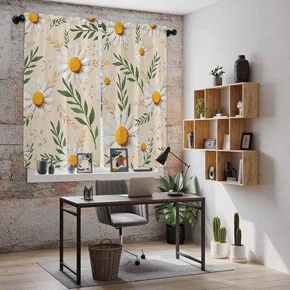 Spring Daisy Kitchen Curtains, Country Watercolor Flower Leaf Plant Light Filtering Window Curtain Panels, 2Pcs Rod Pocket Window Treatments Set for Living Room Bathroom Bedroom 42x63 Inches