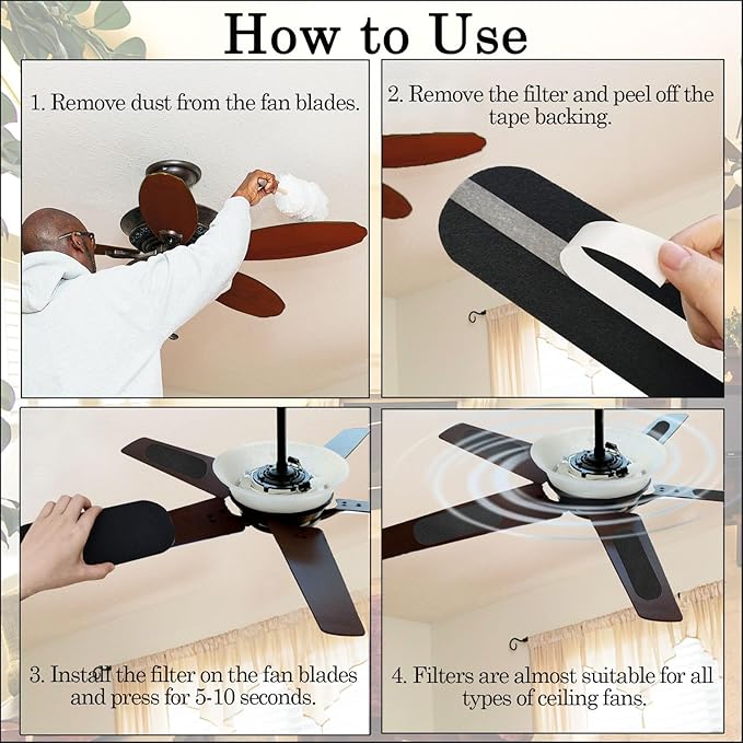 15 Pcs Ceiling Fan Filters for Blades, Easy-Stick Activated Coconut Shell Carbon Air Filte,Universal Ceiling Fan Air Purifiers for Common Household Contaminants