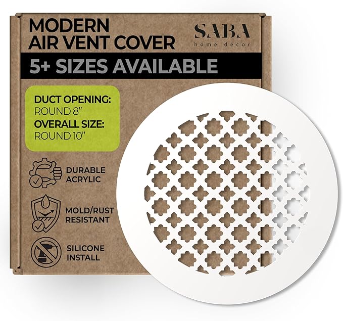 SABA Home Decor Air Vent Cover Grille - Acrylic Plexiglass 8 Round Duct Opening (10 Round Overall) White Finish Decorative Register Covers for Walls and Ceilings NOT for Floor USE, Venetian (1PCs)
