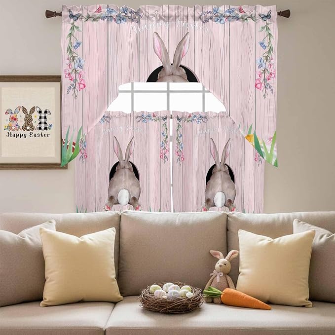 Swag Valance Curtains, Easter Cute Rabbit and Colorful Eggs Rod Pocket Valances Swag Topper for Kitchen Windows, Pink Farm Wooden Barn Light Filtering Short Curtain for Bedroom Bathroom 56x36In
