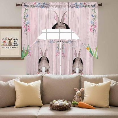 Swag Valance Curtains, Easter Cute Rabbit and Colorful Eggs Rod Pocket Valances Swag Topper for Kitchen Windows, Pink Farm Wooden Barn Light Filtering Short Curtain for Bedroom Bathroom 56x36In