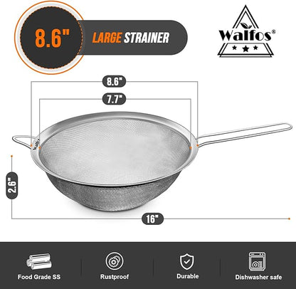Walfos 8.6 Inch Large Fine Mesh Strainer, Kitchen Metal Food Strainers with Sturdy Handle, Stainless Steel 30 Mesh Sieve Sifters for Rice, Quinoa, Pasta, Fruits, Vegetables, etc.