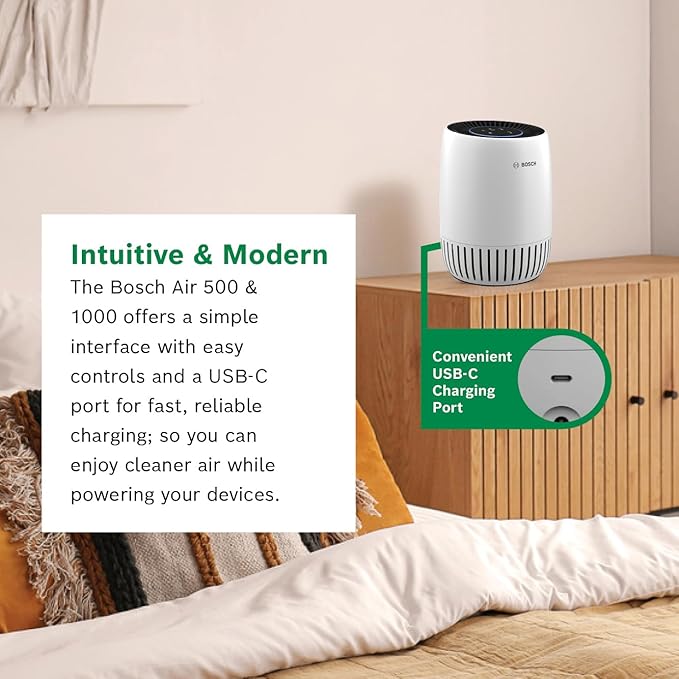 BOSCH Air Purifier for Home, Small Spaces (Covers, 500-sq ft), 2-in-1 Filter for Pollen, Smoke, Dust, Dander, Outdoor Pollution, Odors, HEPA, Air 500, White
