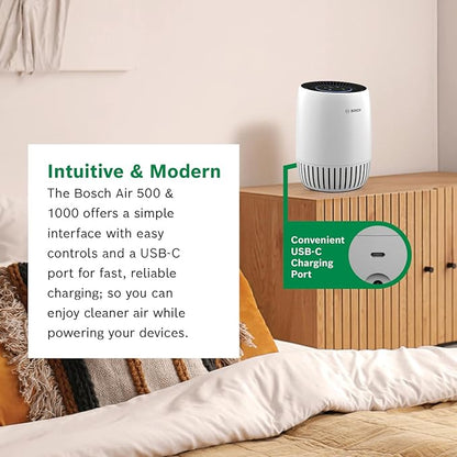BOSCH Air Purifier for Home, Small Spaces (Covers, 500-sq ft), 2-in-1 Filter for Pollen, Smoke, Dust, Dander, Outdoor Pollution, Odors, HEPA, Air 500, White
