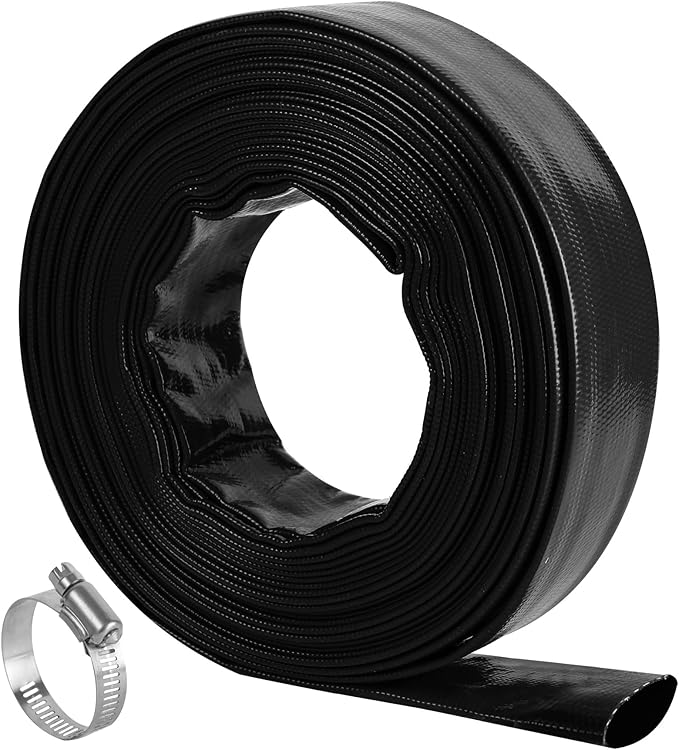 2.5" x 50 FT Pool Backwash Hose, Black Heavy Duty Reinforced PVC Lay Flat Water Discharge Hose for Swimming Pool Filter Pump,with 2 Clamp
