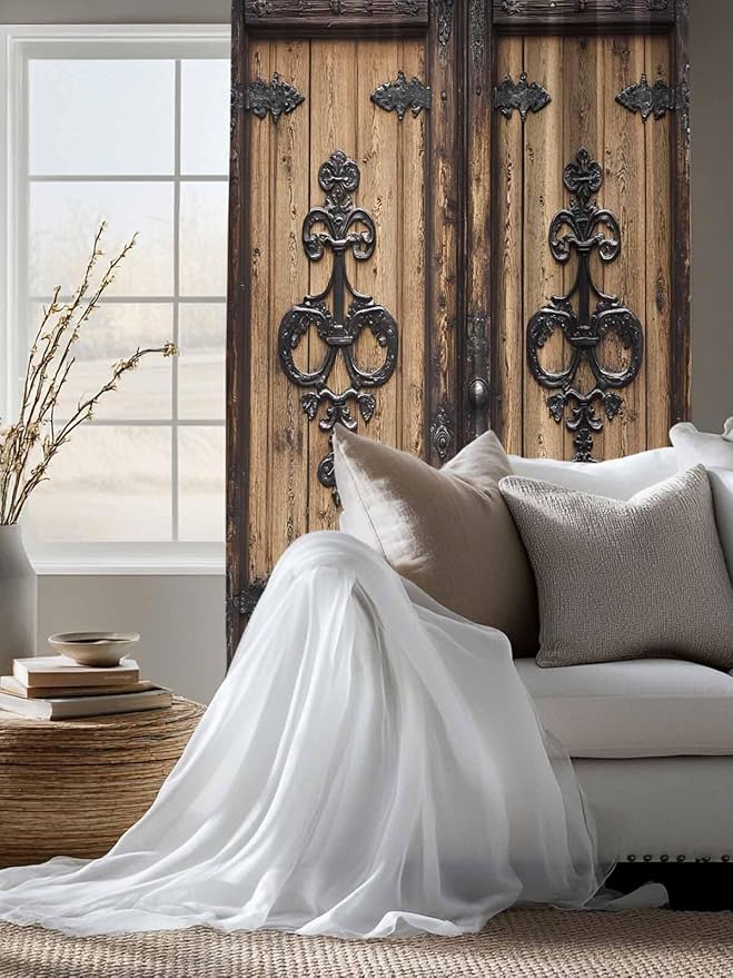 Sheer Curtains 63 Inch Length, Barn Door Semi Sheer Curtains Light Filtering Window Treatment, Farmhouse Wooden Grain Rustic Tribal Pattern Privacy Voile Drapes for Living Room Bedroom 52x63 Inch