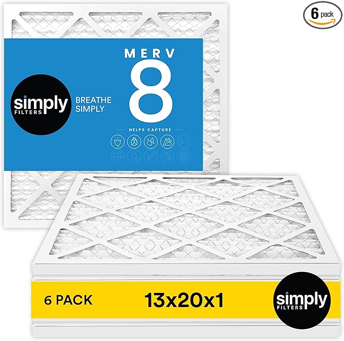 Simply 13x20x1 Air Filter, Merv 8, 6 Pack, For Home AC Furnace & HVAC (Actual Size: 12.75"x19.75"x0.75") DUST, Pet, & Allergy Control