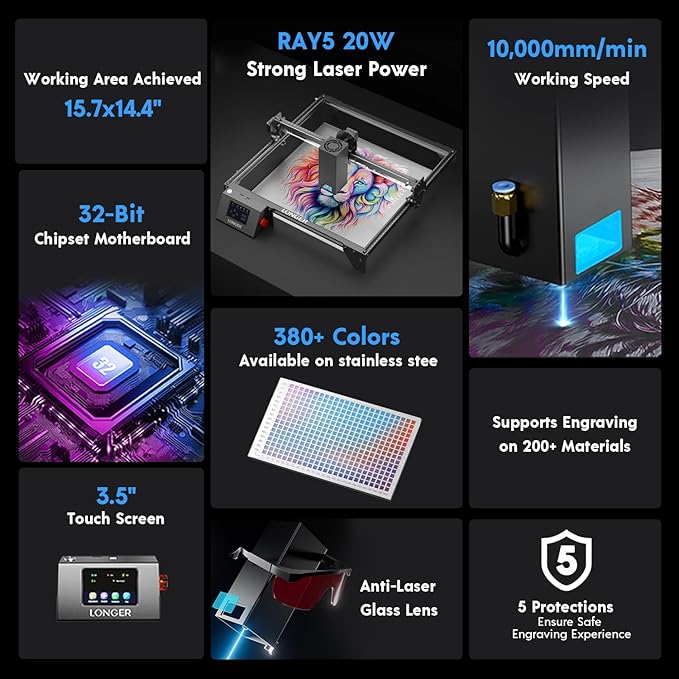 Longer RAY5 20W Laser Engraver with Air Pump and Y-Axis Extension Kit, Expand Working Area to 33.46" x 15.75", 3.5” Color Touch Screen, App Offline Control, DIY Engraver Tool for Metal/Glass/Wood