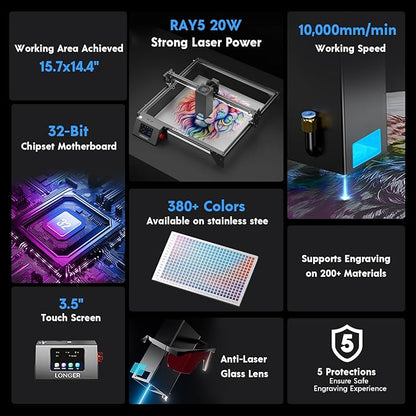 Longer RAY5 20W Laser Engraver with Air Pump and Y-Axis Extension Kit, Expand Working Area to 33.46" x 15.75", 3.5” Color Touch Screen, App Offline Control, DIY Engraver Tool for Metal/Glass/Wood