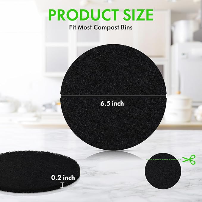 6.5 Inch Kitchen Compost Bin Filters Charcoal Replacement, ENLOY 12 Pack Charcoal Filters for Countertop Home Bucket, Longer Lasting Round Extra Thick Activated Charcoal