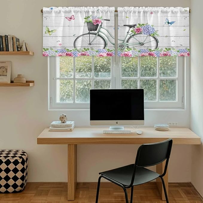 Spring Tier Curtains, Bicycles Botanical Rose Leaves Butterfly Wood Grain Light Filtering Kitchen Curtains, 2Pcs Rod Pocket Half Window Treatments Panels for Sink Cafe Cabinet Camper 27.5x24 Inches