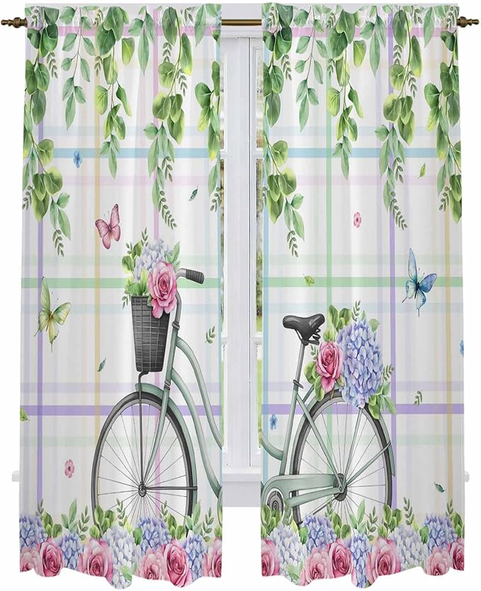 Spring Kitchen Curtains, Bicycles Botanical Leaves Rose Colorful Stripes Light Filtering Window Curtain Panels, 2Pcs Rod Pocket Window Treatments Set for Living Room Bathroom Bedroom 52x72 Inches